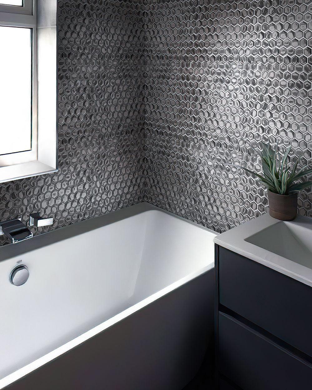 Glossy Silver Hexagon Glass Mosaic Tile - Image 11