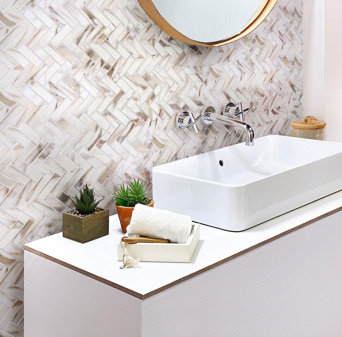 Recycled Glass Herringbone Mosaic In Calacatta Marble Color - Image 7